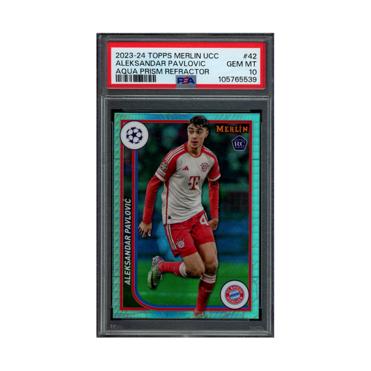 Aleksandar Pavlovic 2023-24 Topps Merlin UCC Aqua Prism Refractor Rookie PSA 10