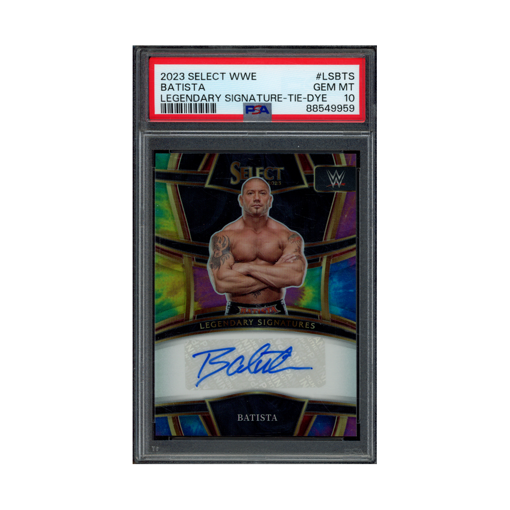 Batista 2023 Panini Select WWE Legendary Signatures Auto Tie-Dye Prizm /25 PSA 10