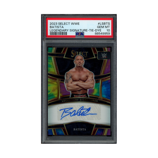 Batista 2023 Panini Select WWE Legendary Signatures Auto Tie-Dye Prizm /25 PSA 10