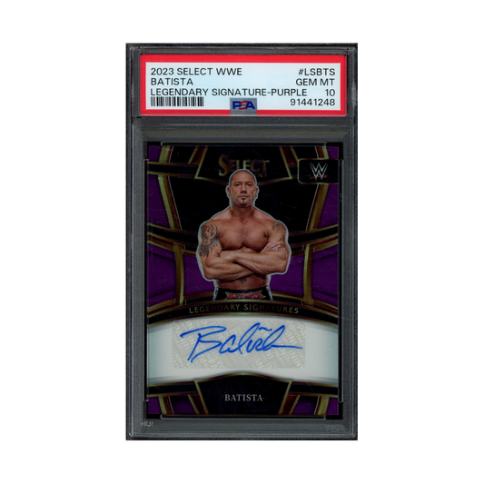 Batista 2023 Panini Select WWE Legendary Signatures Auto Purple Prizm /35 PSA 10