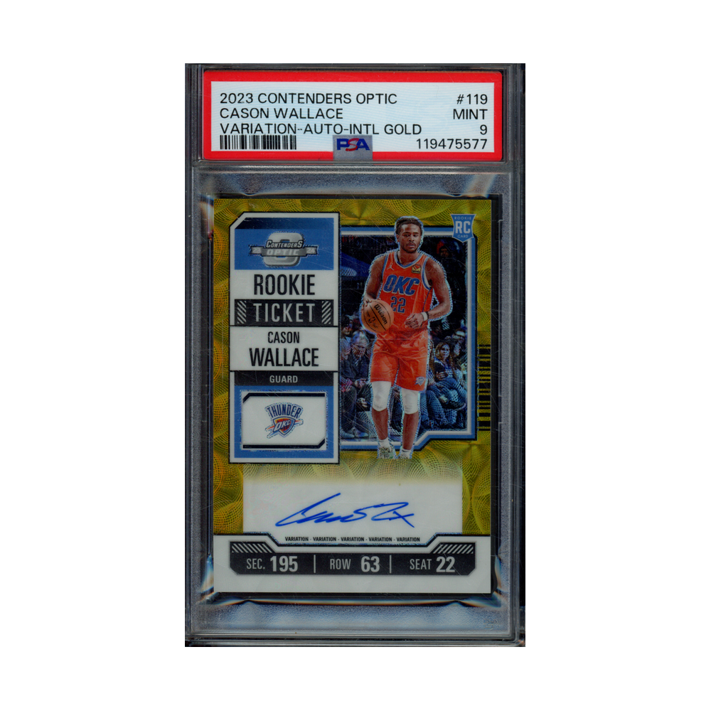 Cason Wallace 2023 Panini Contenders Optic Basketball Rookie Ticket Variation Auto International Gold /10 PSA 9