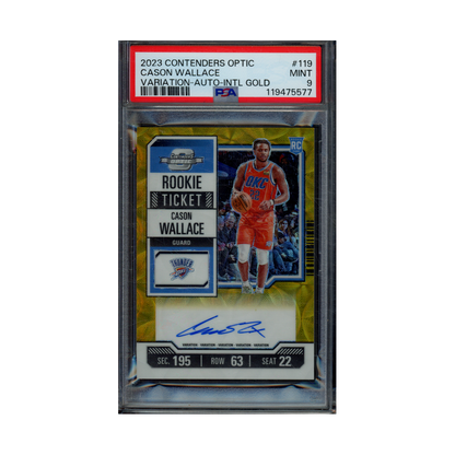 Cason Wallace 2023 Panini Contenders Optic Basketball Rookie Ticket Variation Auto International Gold /10 PSA 9