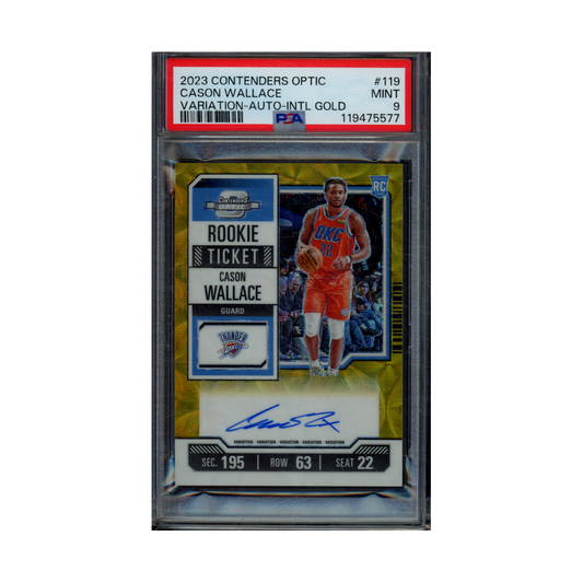 Cason Wallace 2023 Panini Contenders Optic Basketball Rookie Ticket Variation Auto International Gold /10 PSA 9