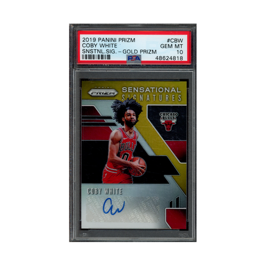 Coby White 2019 Panini Prizm Basketball Sensational Signatures Gold Prizm Rookie Auto /10 PSA 10