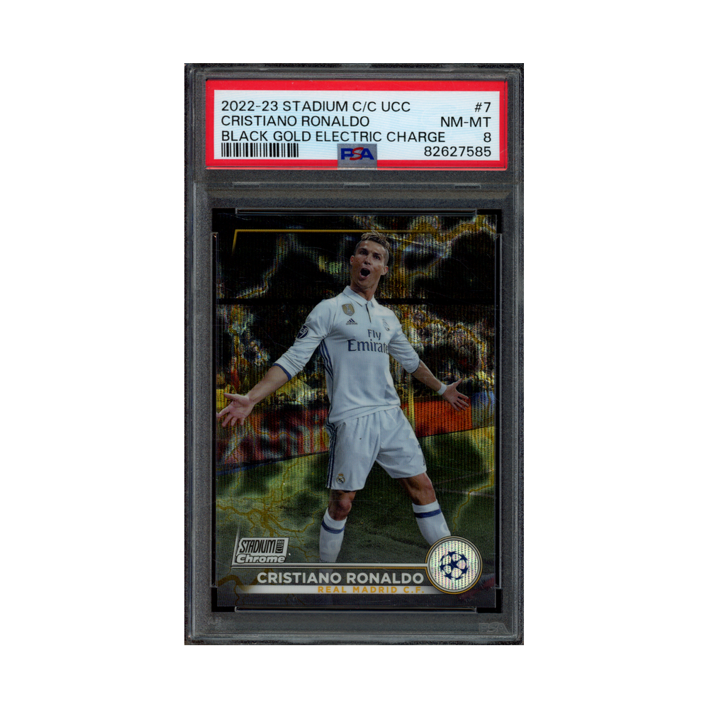 Cristiano Ronaldo 2022-23 Topps Stadium Club UCC Black Gold Electric Charge /35 PSA 8