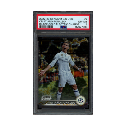 Cristiano Ronaldo 2022-23 Topps Stadium Club UCC Black Gold Electric Charge /35 PSA 8