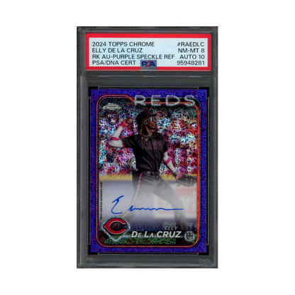 Elly De La Cruz 2024 Topps Chrome Rookie Auto Purple Speckle Refractor /299 PSA 8/10