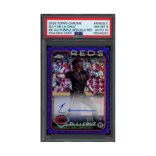 Elly De La Cruz 2024 Topps Chrome Rookie Auto Purple Speckle Refractor /299 PSA 8/10