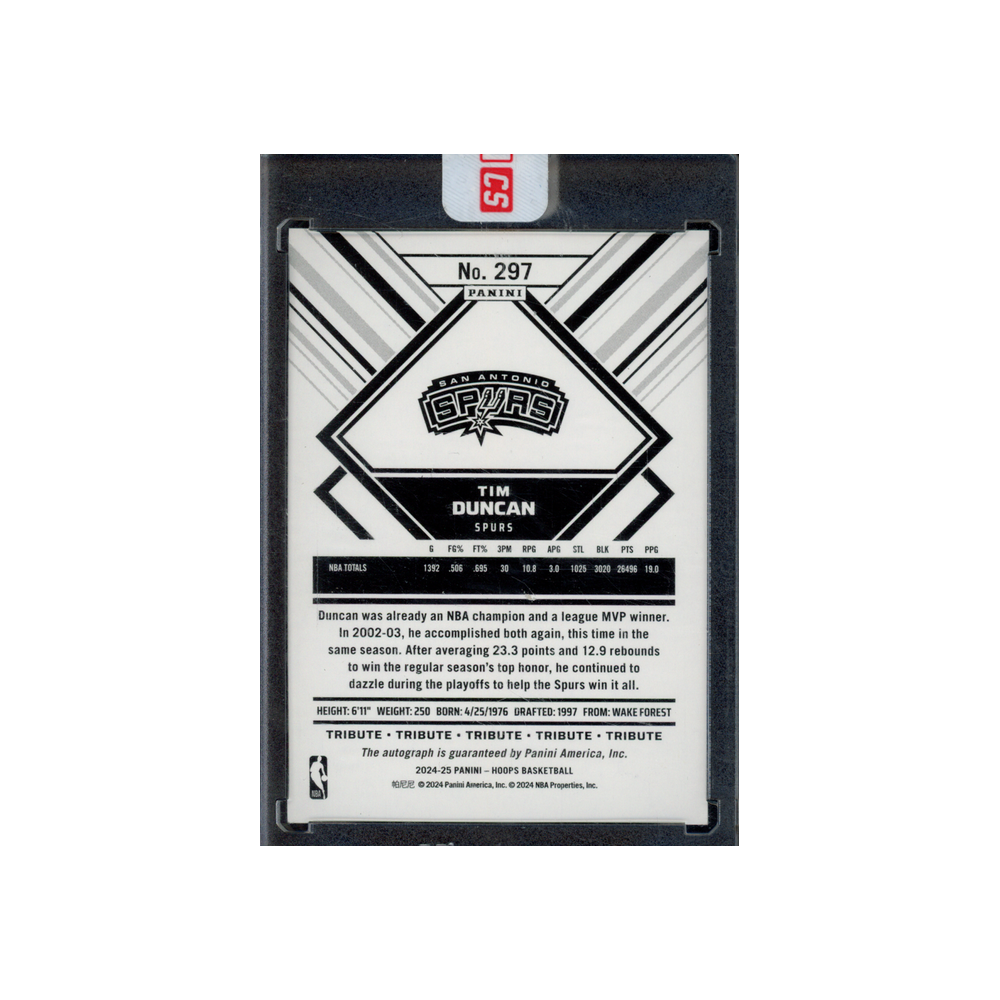 Tim Duncan 2024-25 Panini Hoops Basketball Auto /10
