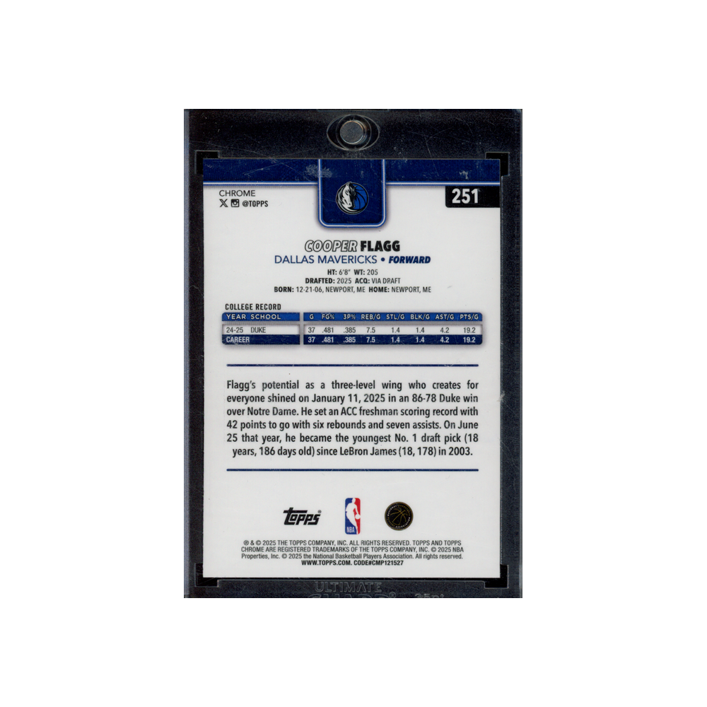 Cooper Flagg 2025 Topps Chrome Basketball Magenta Refractor Rookie /399