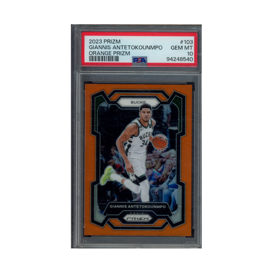 Giannis Antetokounmpo 2023 Panini Prizm Basketball Orange Prizm /49 PSA 10