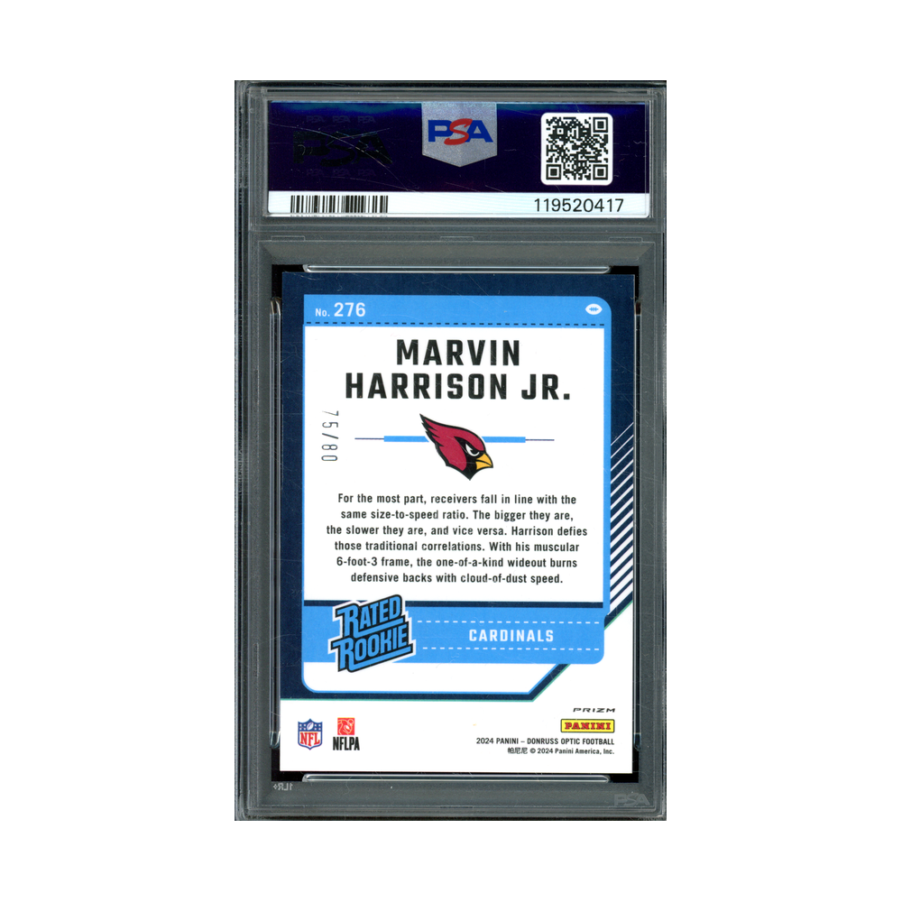 Marvin Harrison 2024 Panini Donruss Optic Football Rated Rookie Pink Velocity /80 PSA 8