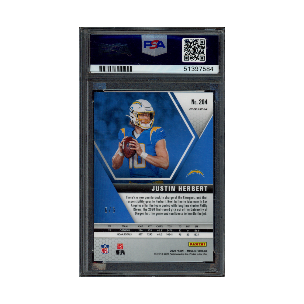 Justin Herbert 2020 Panini Mosaic Football Black Gold Choice Rookie /8 PSA 10