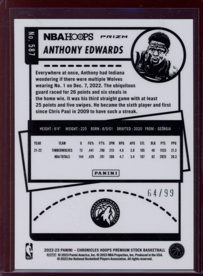 Anthony Edwards 2022-23 Panini Hoops Premium Stock Basketball Blue /99