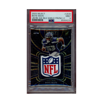 Boye Mafe 2022 Panini Select Football Jumbo Rookie Swatch Shield Black Rookie 1/1 PSA 9