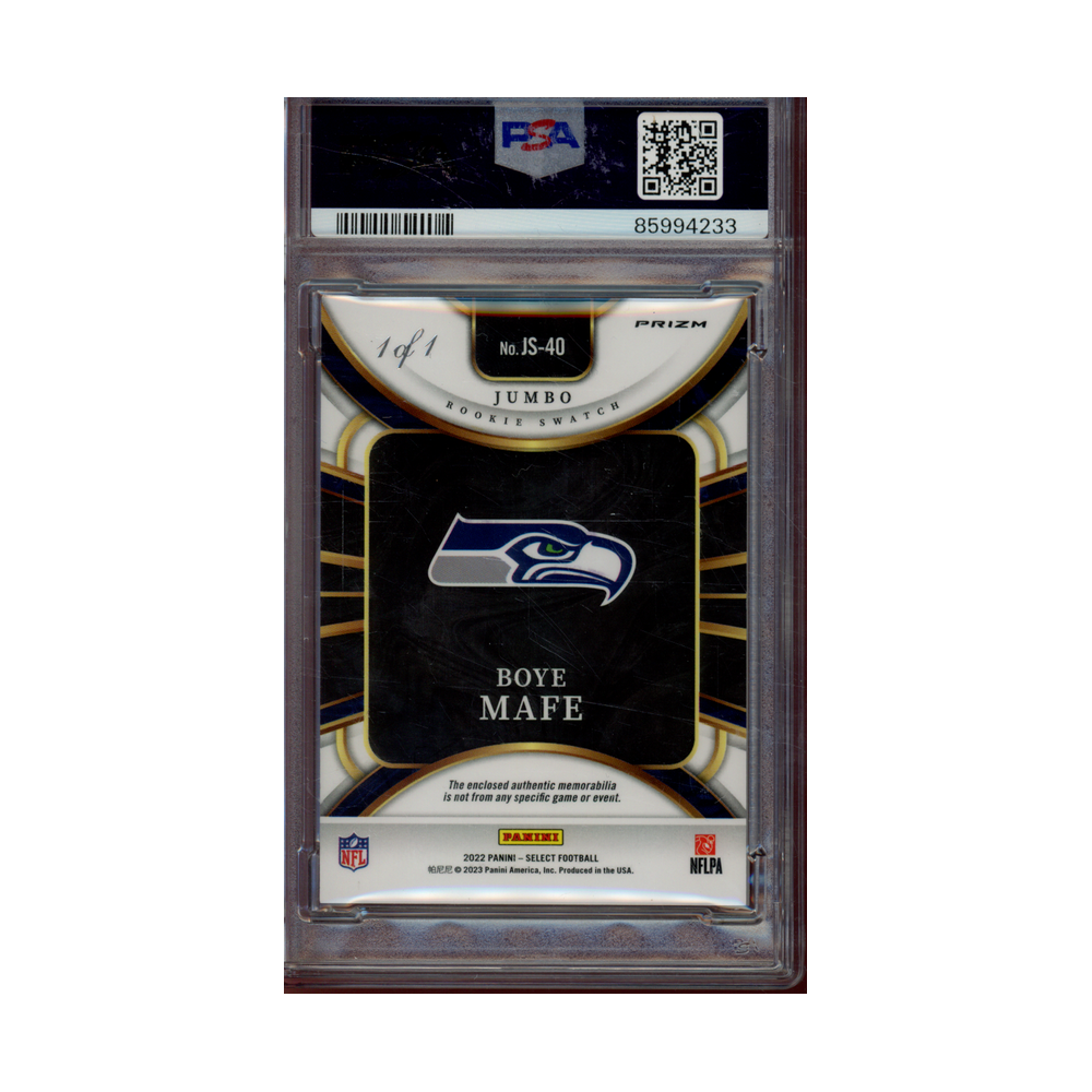 Boye Mafe 2022 Panini Select Football Jumbo Rookie Swatch Shield Black Rookie 1/1 PSA 9
