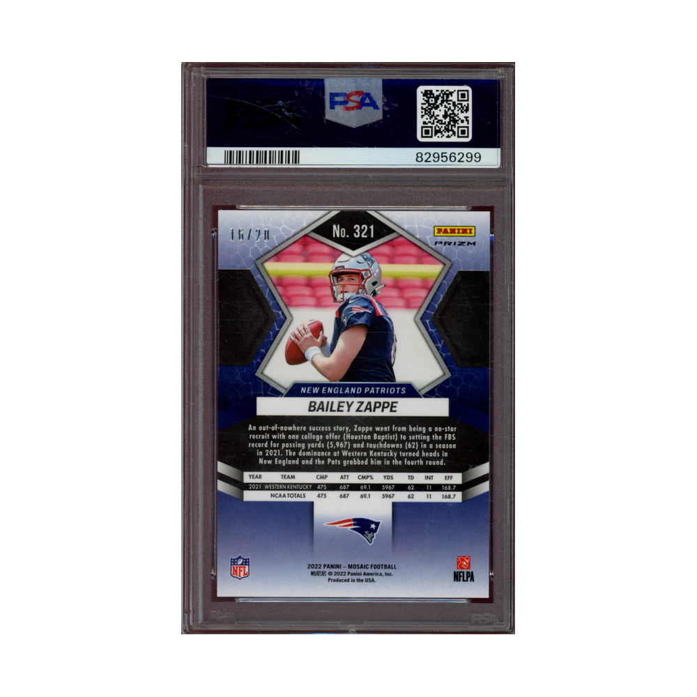 Bailey Zappe 2022 Panini Mosaic No Huddle Pink Rookie /20 PSA 10