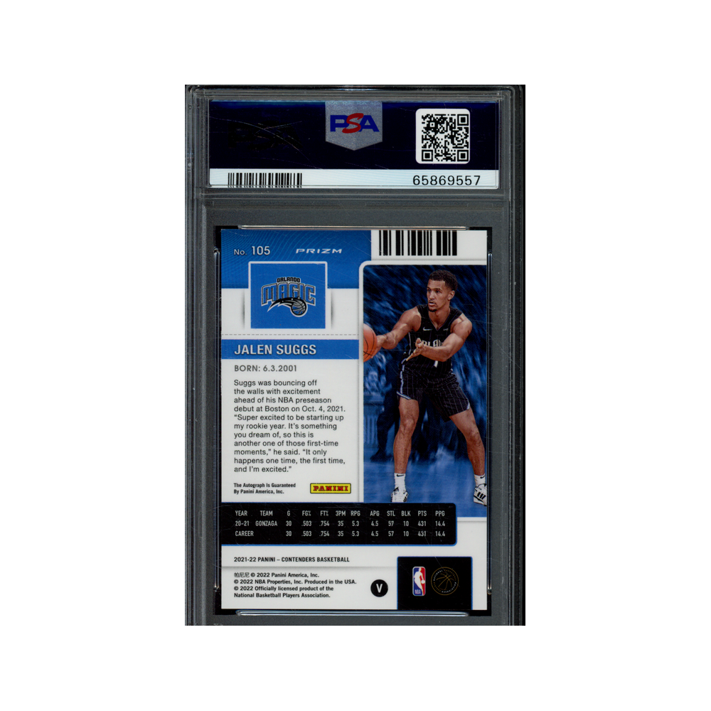 Jalen Suggs 2021 Panini Contenders Basketball Variation Rookie Ticket Auto Green Shimmer PSA 9
