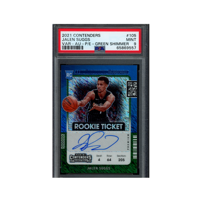Jalen Suggs 2021 Panini Contenders Basketball Variation Rookie Ticket Auto Green Shimmer PSA 9