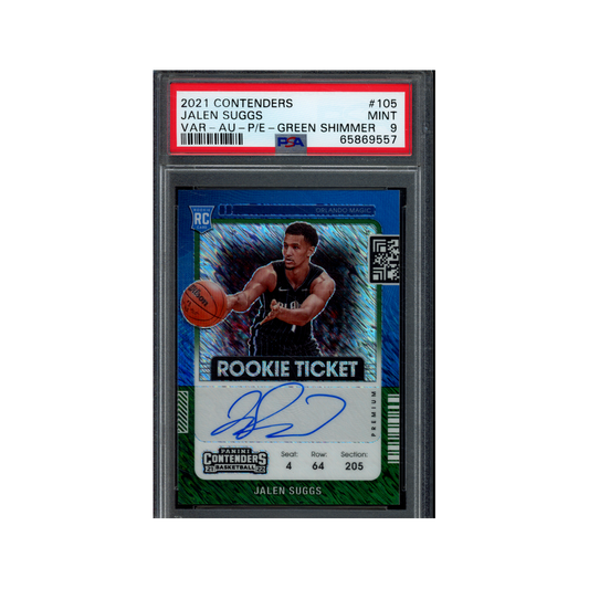 Jalen Suggs 2021 Panini Contenders Basketball Variation Rookie Ticket Auto Green Shimmer PSA 9
