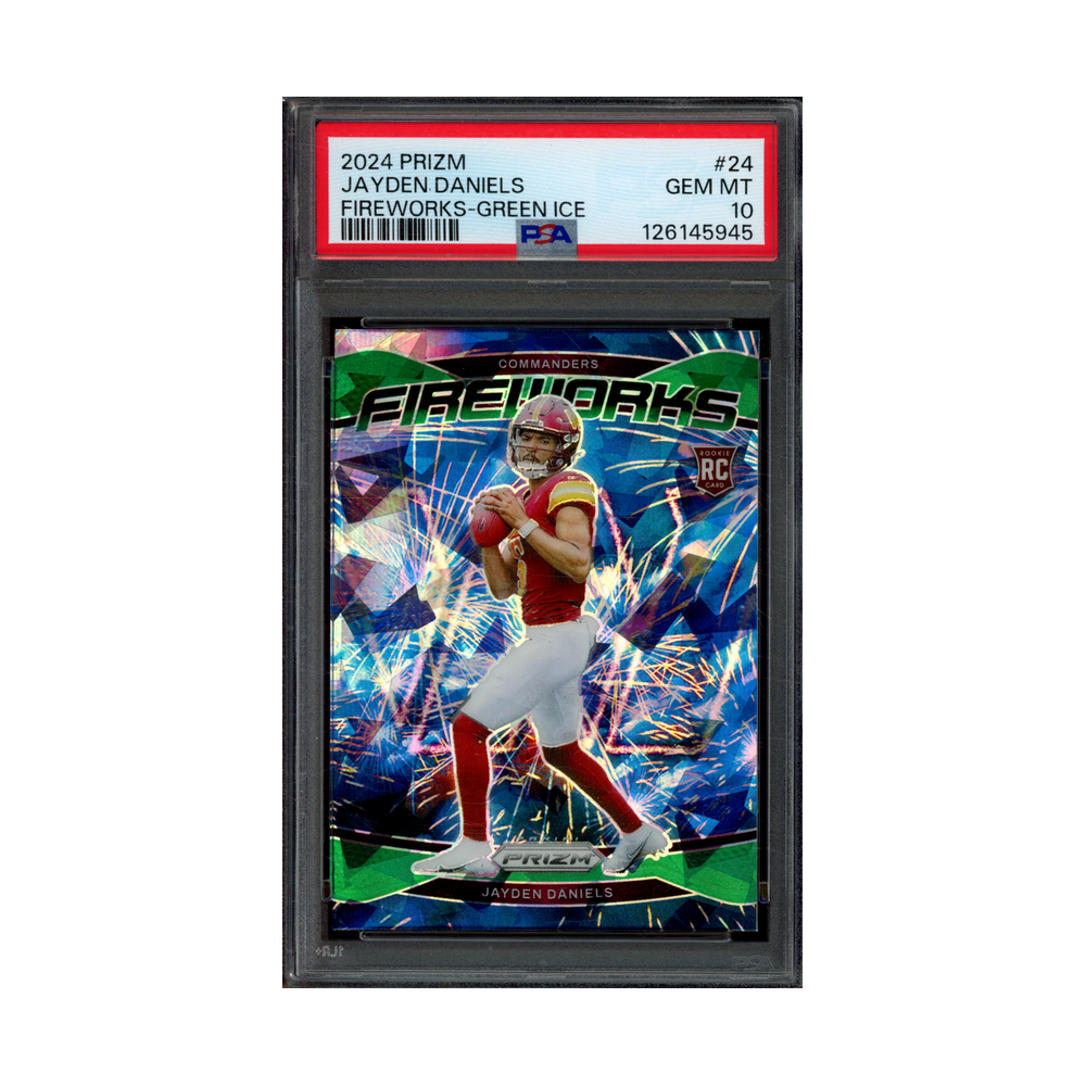 Jayden Daniels 2024 Panini Prizm Fireworks Green Ice Prizm Rookie PSA 10