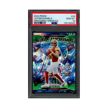 Jayden Daniels 2024 Panini Prizm Fireworks Green Ice Prizm Rookie PSA 10