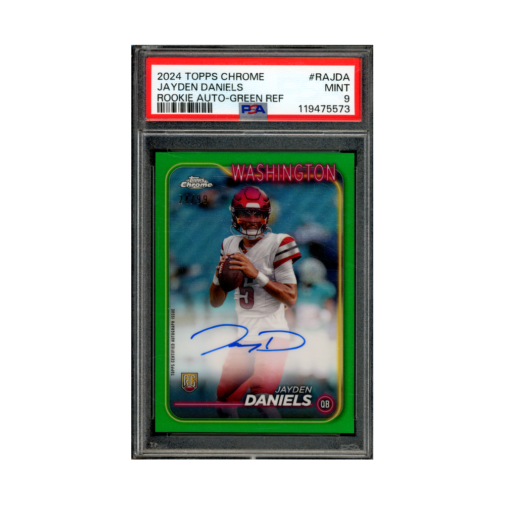 Jayden Daniels 2024 Topps Chrome Rookie Auto Green Refractor /99 PSA 9