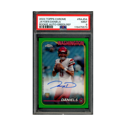 Jayden Daniels 2024 Topps Chrome Rookie Auto Green Refractor /99 PSA 9