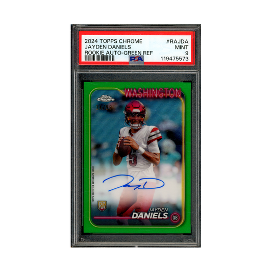 Jayden Daniels 2024 Topps Chrome Rookie Auto Green Refractor /99 PSA 9