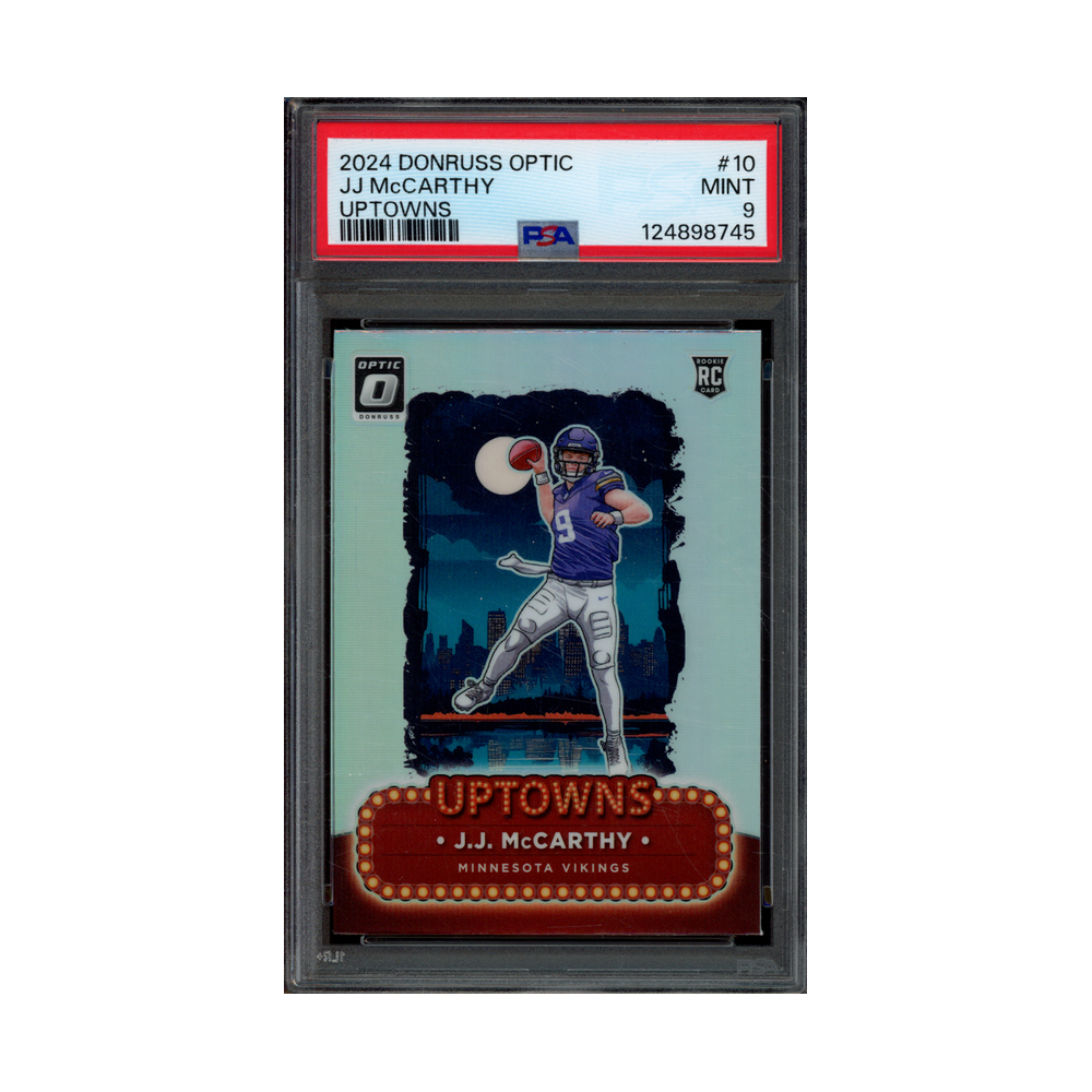 JJ McCarthy 2024 Panini Donruss Optic Football Uptowns Rookie PSA 9