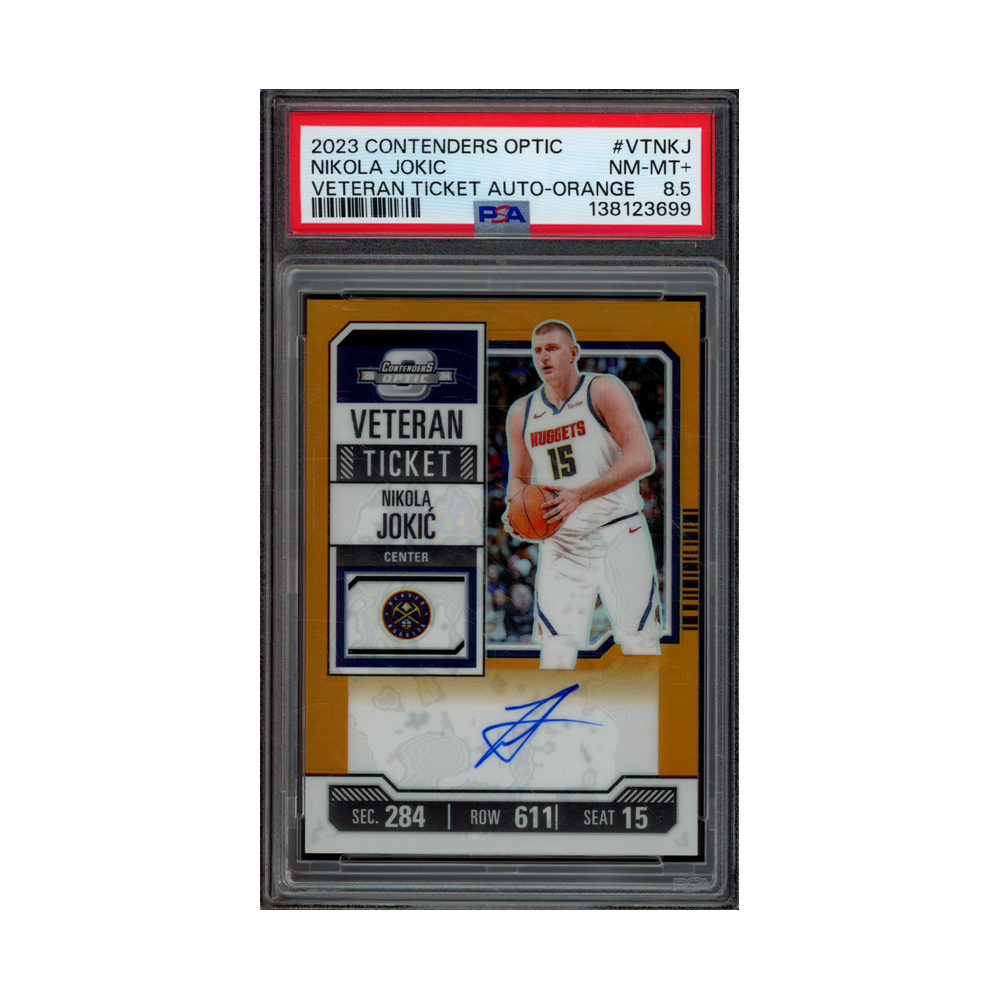 Nikola Jokic 2023 Panini Contenders Optic Basketball Veteran Ticket Auto Orange /15 PSA 8.5