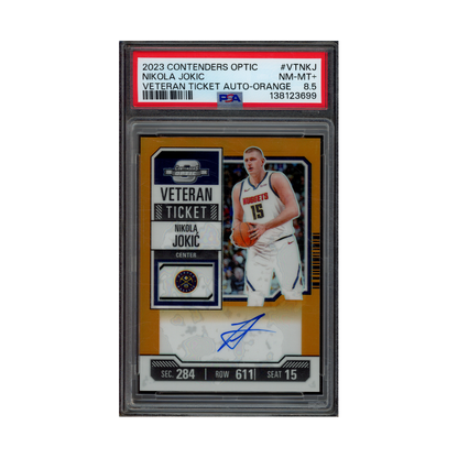 Nikola Jokic 2023 Panini Contenders Optic Basketball Veteran Ticket Auto Orange /15 PSA 8.5