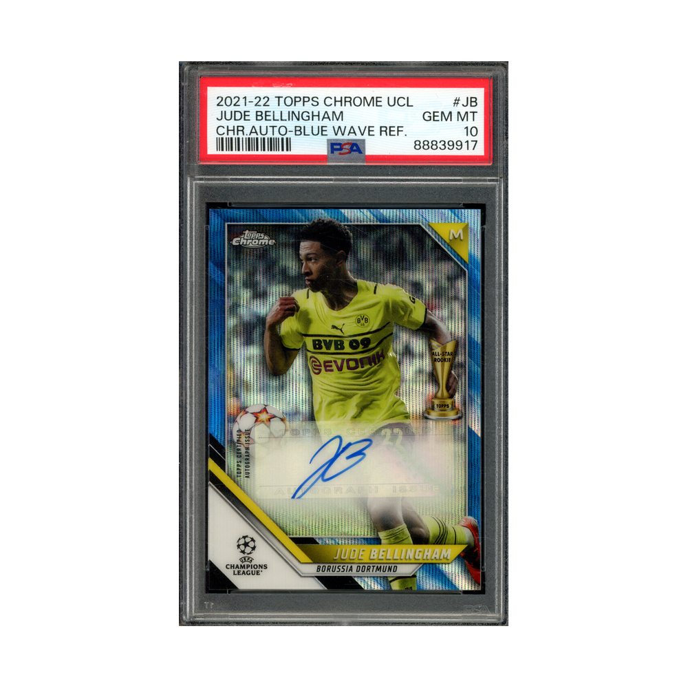 Jude Bellingham 2021-22 Topps Chrome UCL Chrome Auto Blue Wave Refractor /75 PSA 10