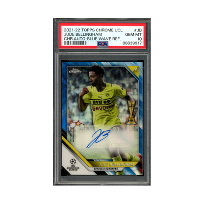 Jude Bellingham 2021-22 Topps Chrome UCL Chrome Auto Blue Wave Refractor /75 PSA 10