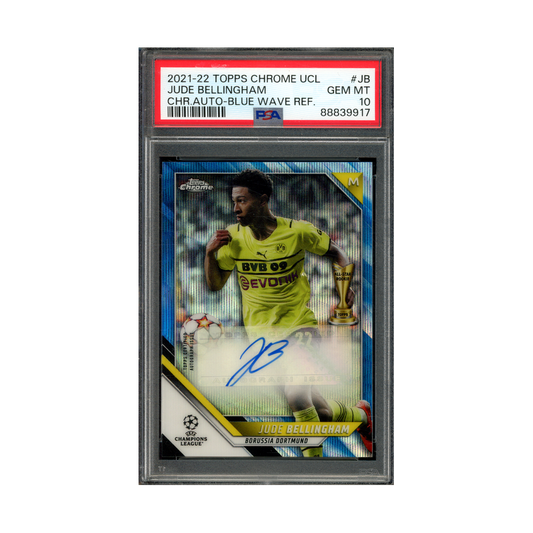 Jude Bellingham 2021-22 Topps Chrome UCL Chrome Auto Blue Wave Refractor /75 PSA 10