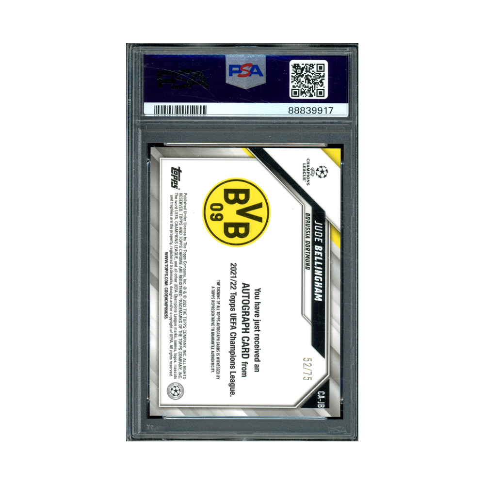 Jude Bellingham 2021-22 Topps Chrome UCL Chrome Auto Blue Wave Refractor /75 PSA 10