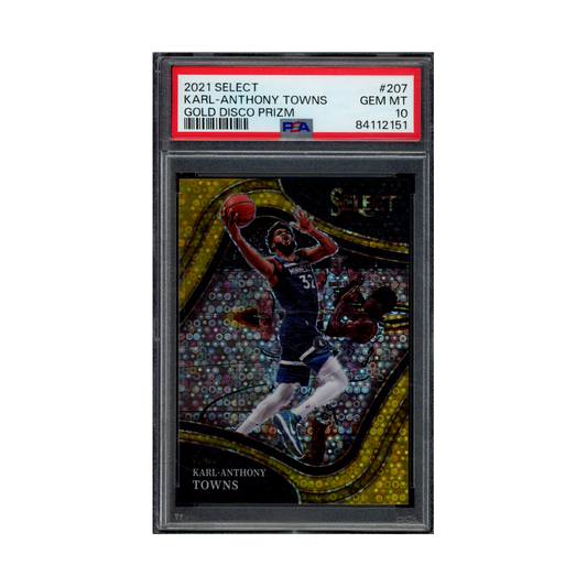 Karl-Anthony Towns 2021 Panini Select Basketball Gold Disco Prizm Courtside /10 PSA 10