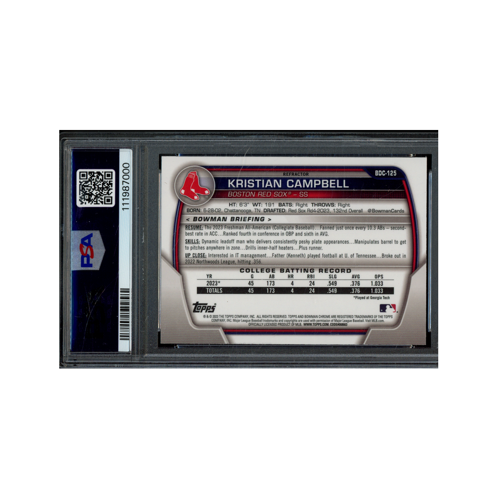 Kristian Campbell 2023 Bowman Draft Chrome Refractor 1st Bowman PSA 10