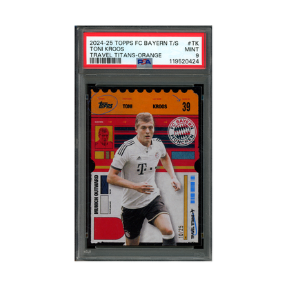 Toni Kroos 2024-25 Topps FC Bayern Team Set Travel Titans Orange /25 PSA 9