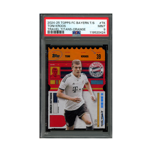 Toni Kroos 2024-25 Topps FC Bayern Team Set Travel Titans Orange /25 PSA 9