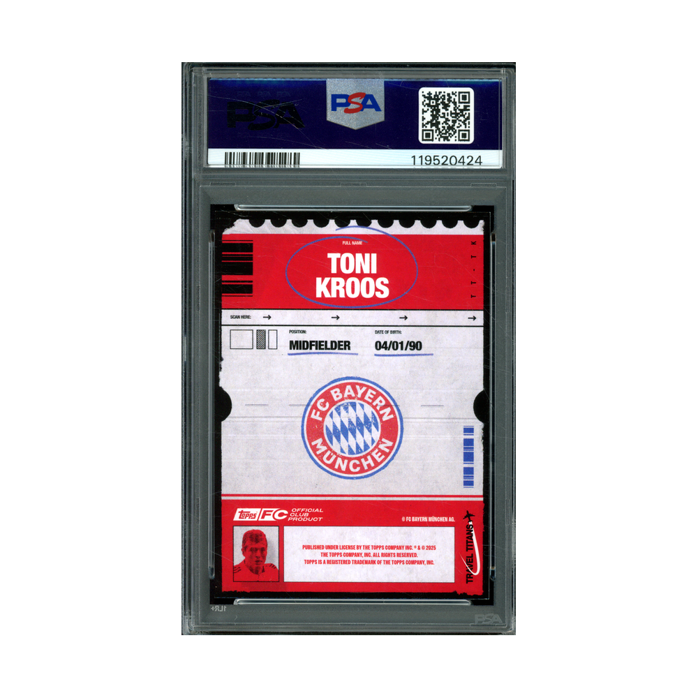 Toni Kroos 2024-25 Topps FC Bayern Team Set Travel Titans Orange /25 PSA 9