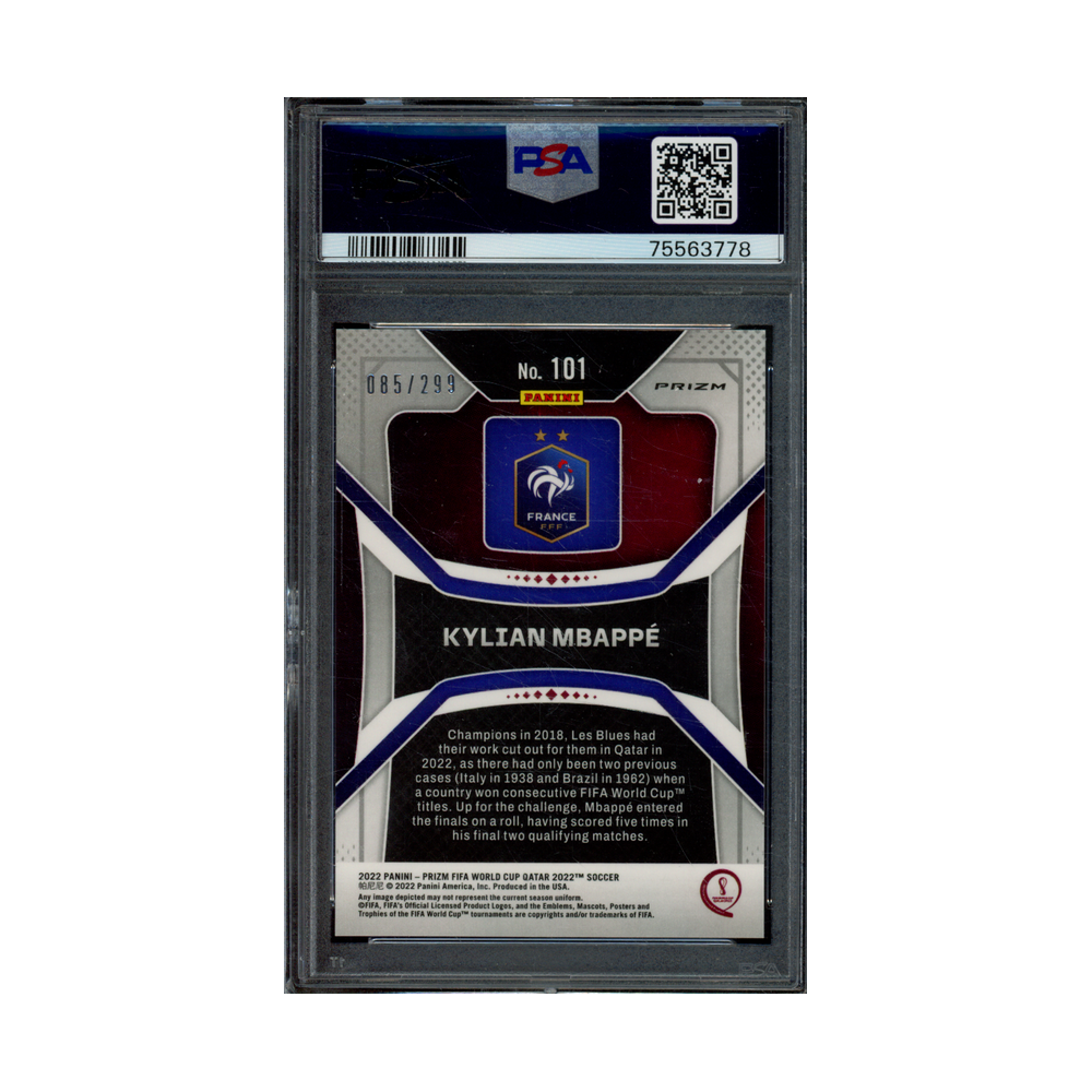 Kylian Mbappe 2022 Panini Prizm World Cup bue Prizm /299 PSA 10