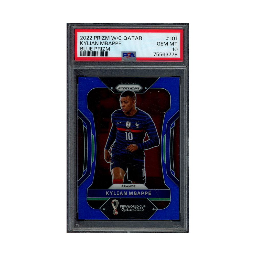 Kylian Mbappe 2022 Panini Prizm World Cup bue Prizm /299 PSA 10