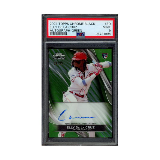 Elly De La Cruz 2024 Topps Chrome Black Rookie Auto Green /99 PSA 9