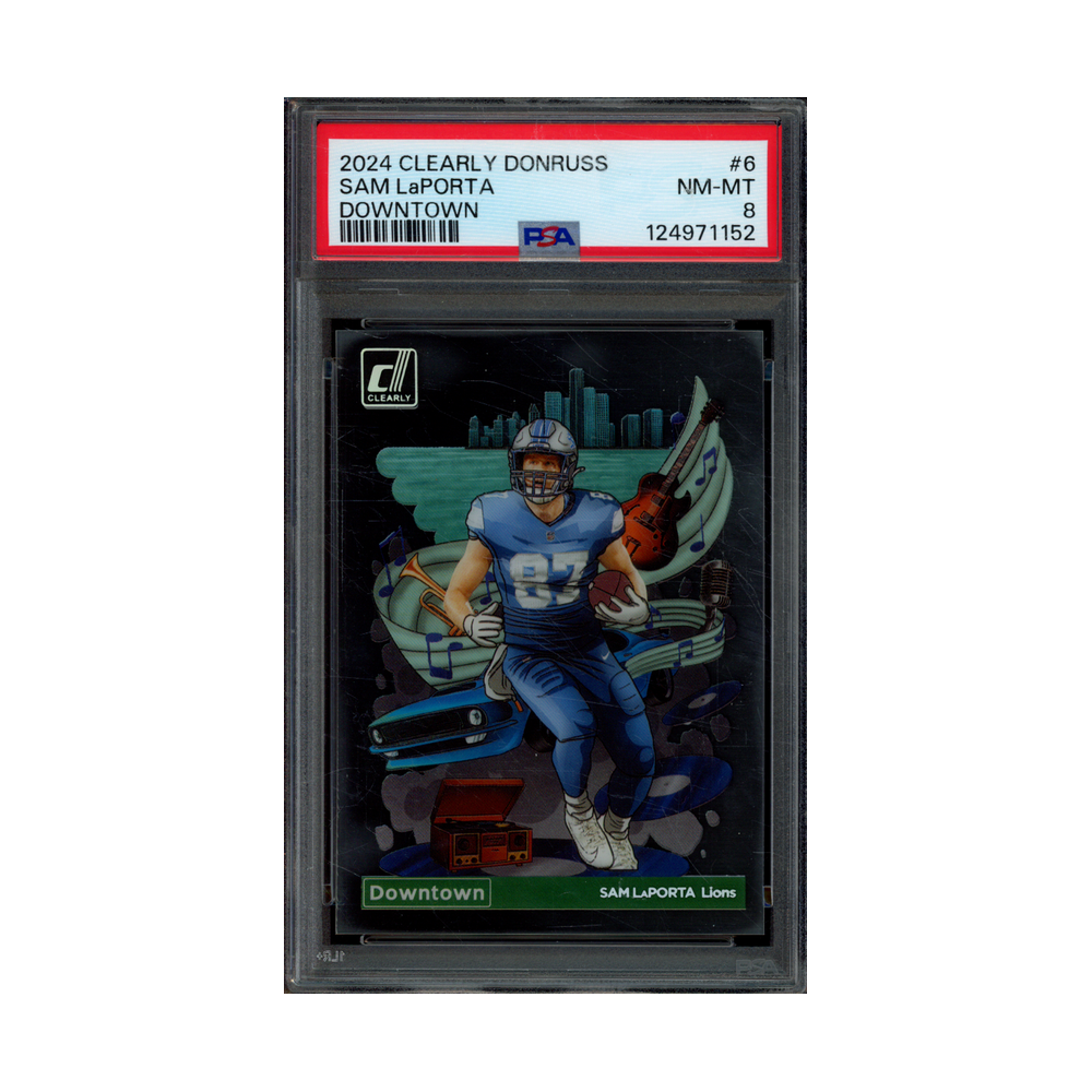 Sam LaPorta 2024 Panini Clearly Football Downtown PSA 8