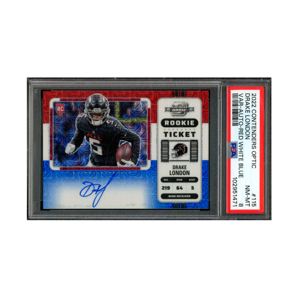 Drake London 2022 Panini Contenders Optic Football Rookie Ticket Variation Auto Red White Blue /13 PSA 8