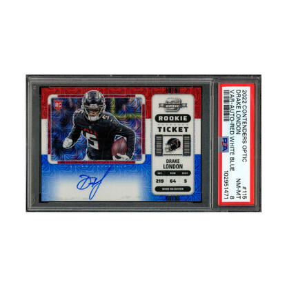 Drake London 2022 Panini Contenders Optic Football Rookie Ticket Variation Auto Red White Blue /13 PSA 8