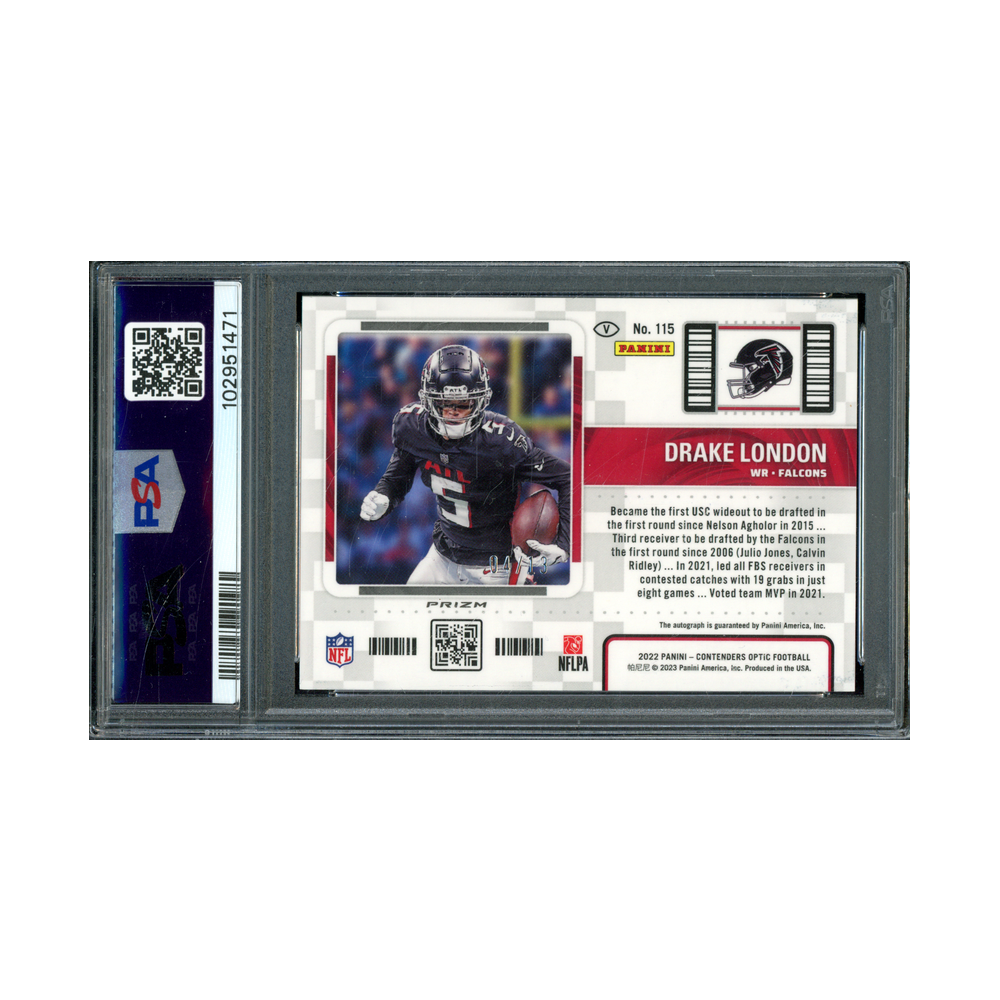 Drake London 2022 Panini Contenders Optic Football Rookie Ticket Variation Auto Red White Blue /13 PSA 8