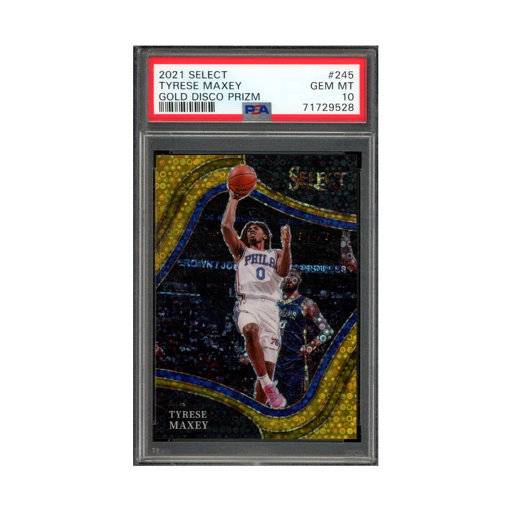Tyrese Maxey 2021 Panini Select Basketball Gold Disco Prizm Courtside /10 PSA 10