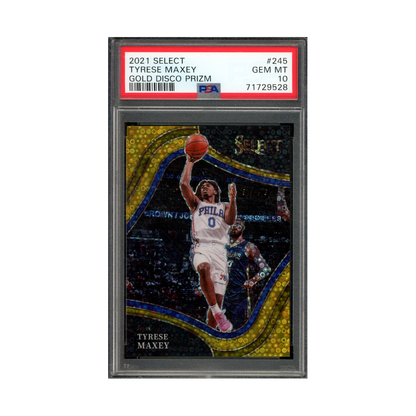Tyrese Maxey 2021 Panini Select Basketball Gold Disco Prizm Courtside /10 PSA 10